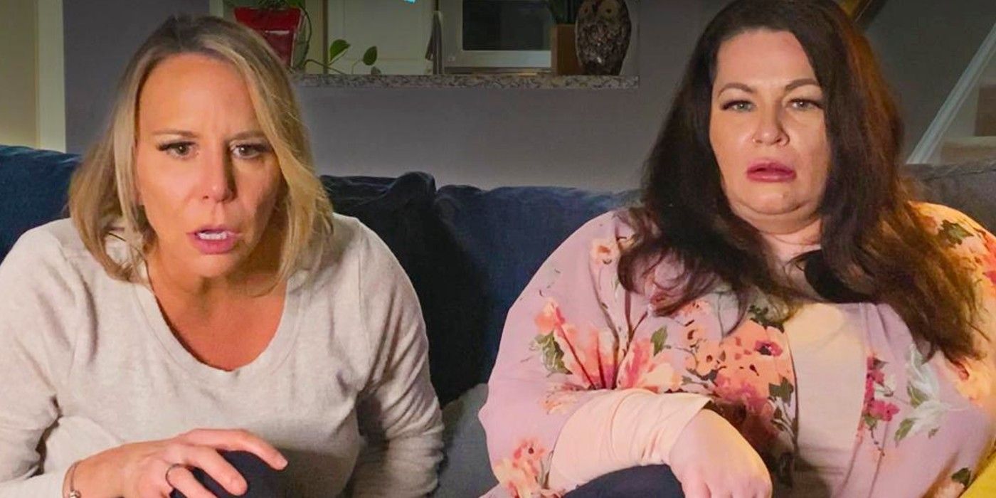 90 Day Fiance's Molly and Cynthia sitting on sofa during Pillow Talk looking  shocked