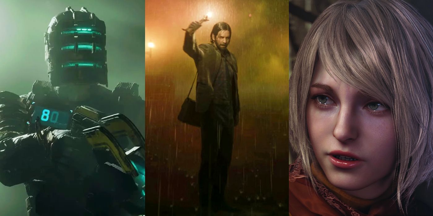 Split image of Dead Space remake protagonist holding cutter, Alan Wake 2's alan wake holding up a torch to the light, and the Resident Evil 4 remake close up of Ashley's face