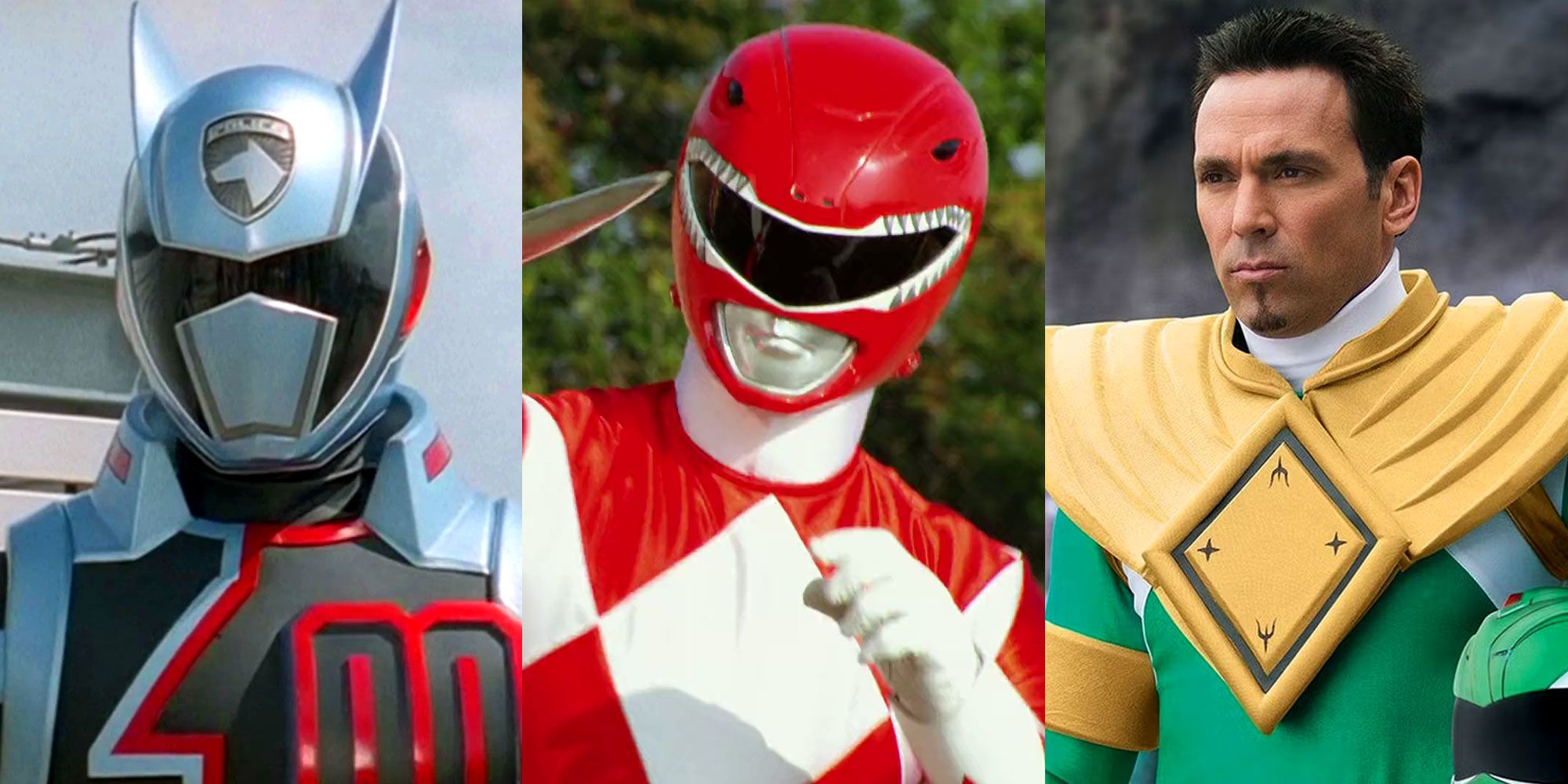 A split image features Doggie Cruger in Power Rangers SPD, the Mighty Morphin Red Power Ranger, and Tommy Oliver in Mighty Morphin Green Ranger gear in Power Rangers Super Megaforce