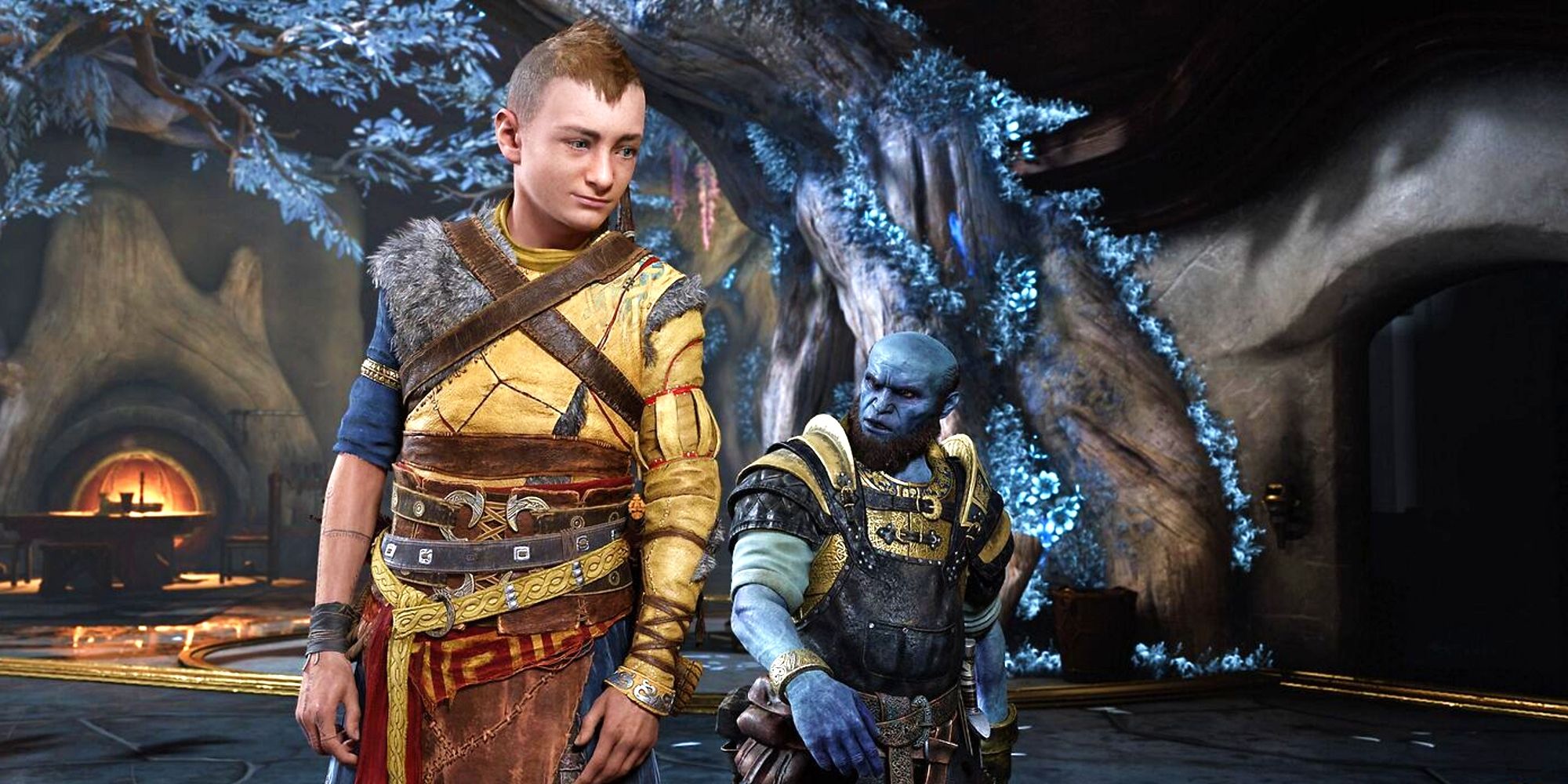 Image of Brok and Atreus inside Brok's house in God of War Ragnarok