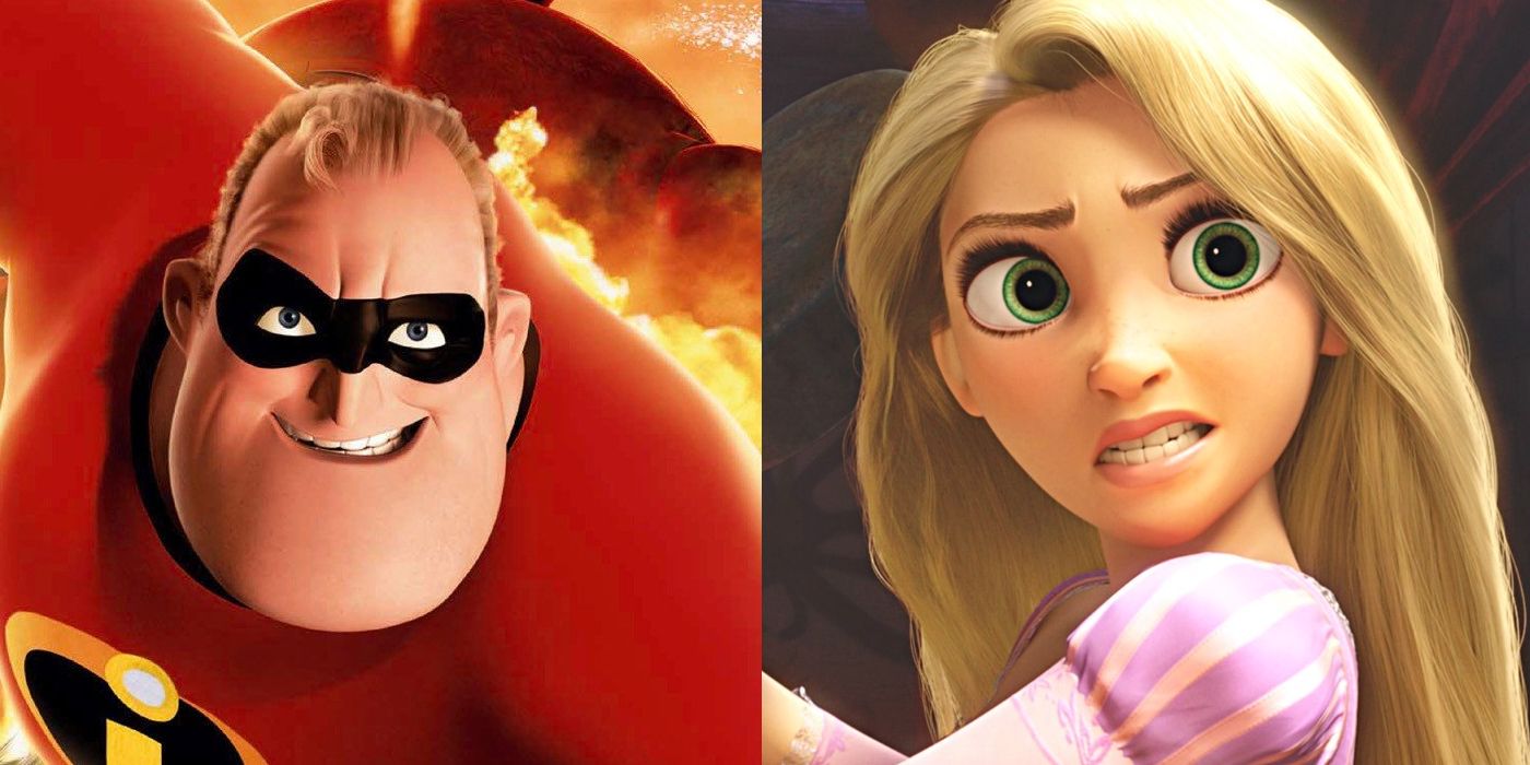 Split image where Mr. Incredible runs toward the screen and Rapunzel prepares to attack with her frying pan