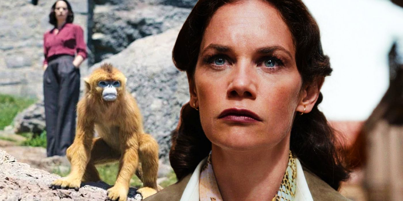 Mrs. Coulter and her monkey daemon in His Dark Materials