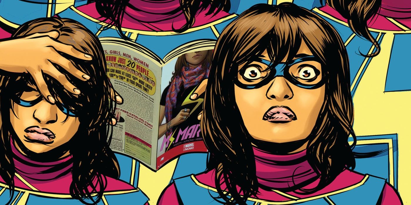 One version of Kamala Khan's Ms. Marvel is embarrassed while standing next to another version that is surprised in a comic book cover