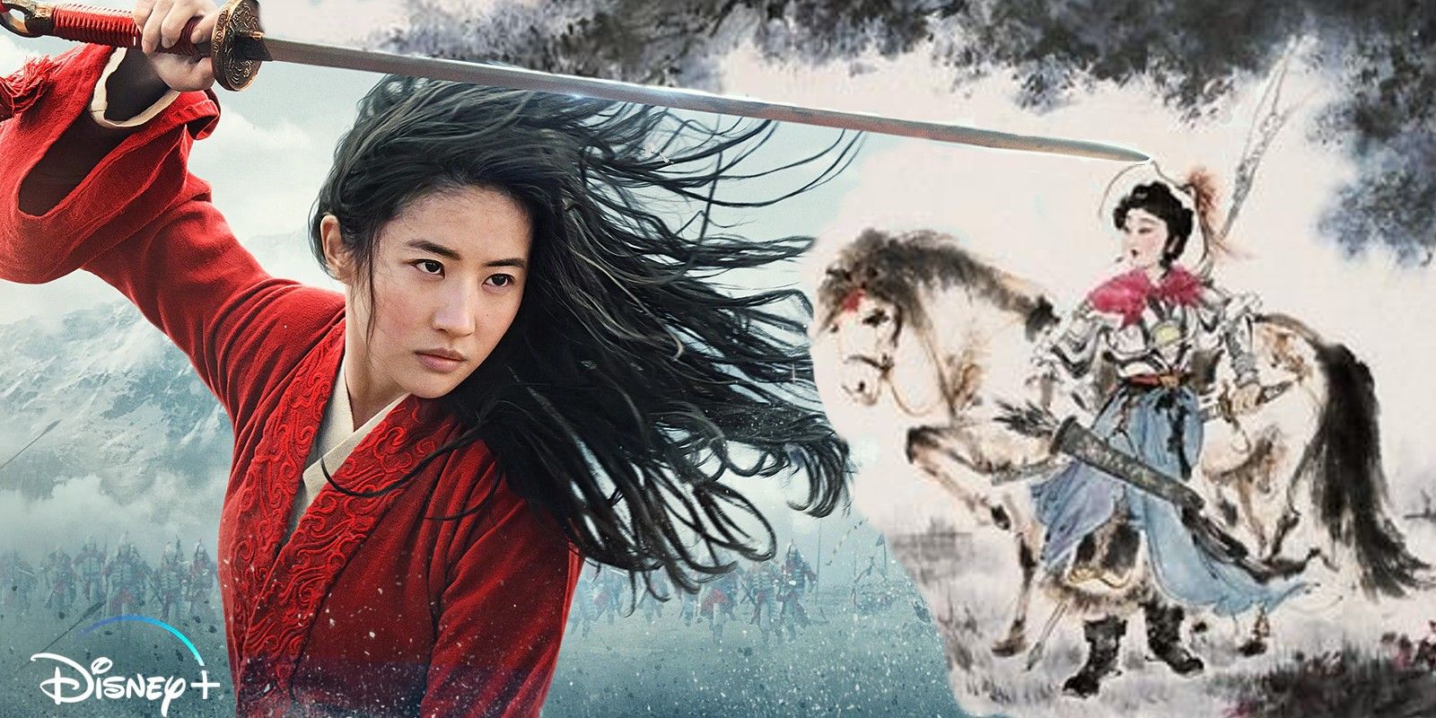 Mulan 2020 holding a sword and Chinese poem image
