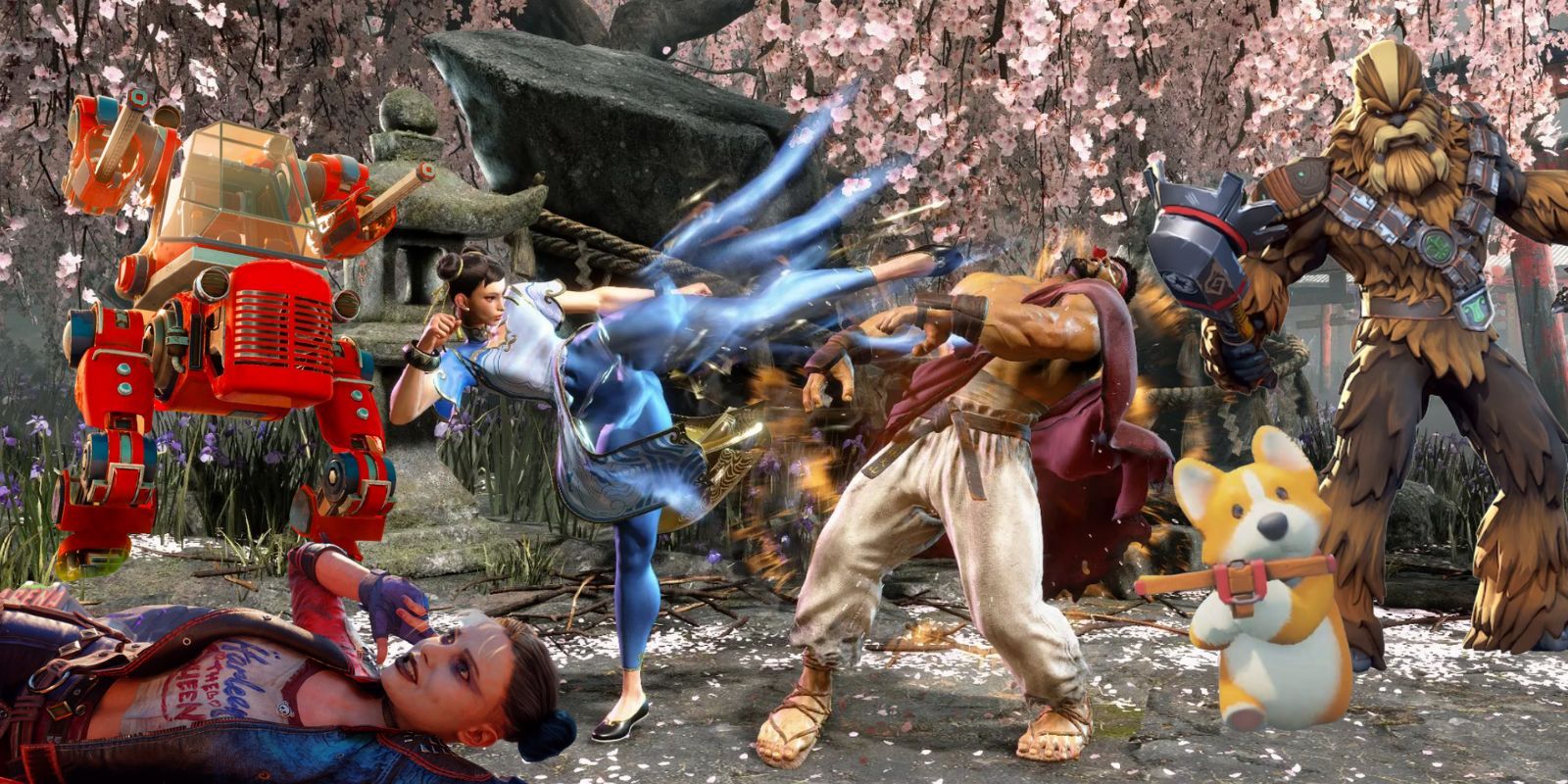 compilation of images from multiplayer games like street fighter, chewbacca, multiversus and more overlaid on stony backdrop