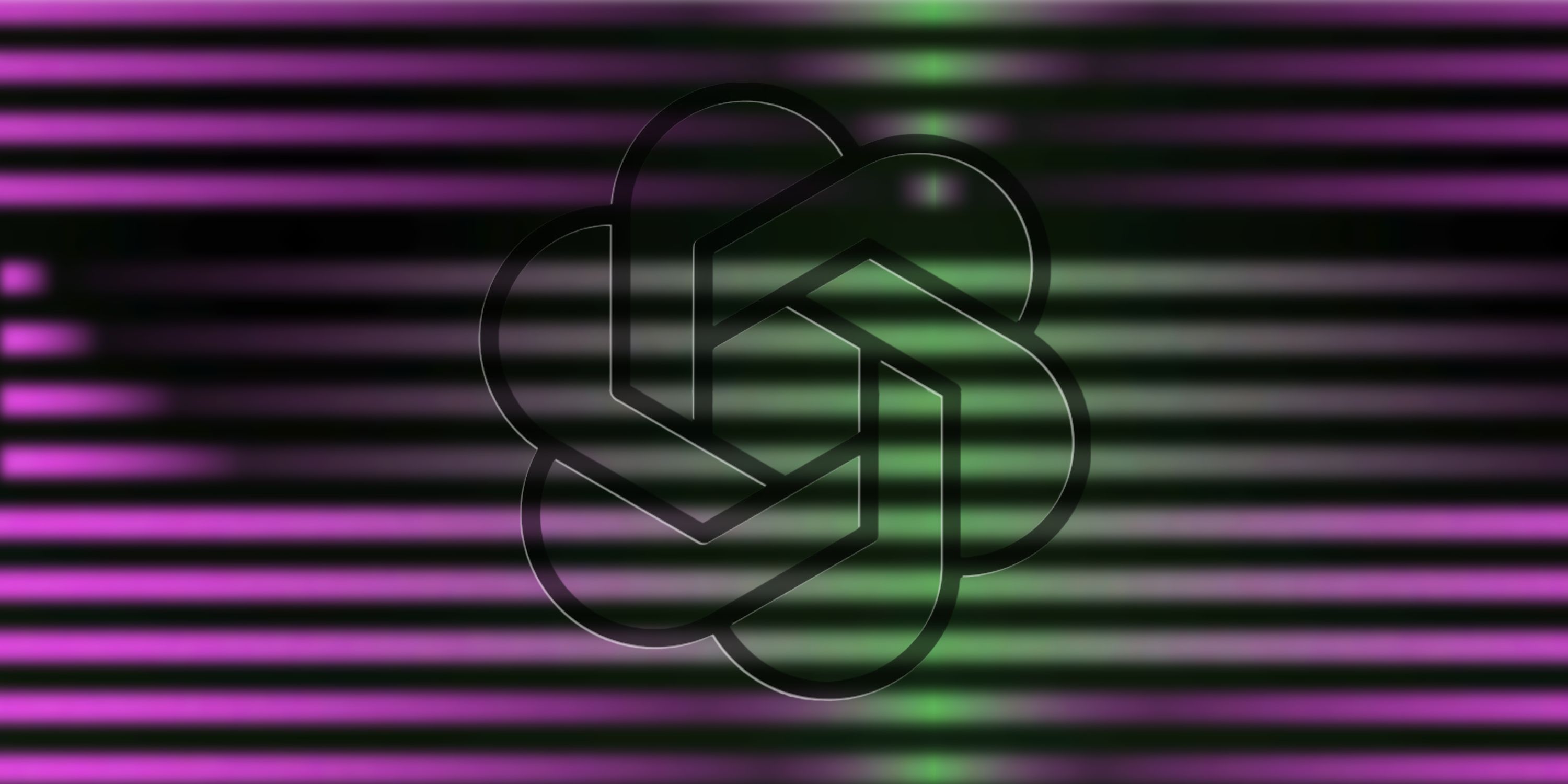 The OpenAI logo in black is superimposed over a purple, green, and black striped background