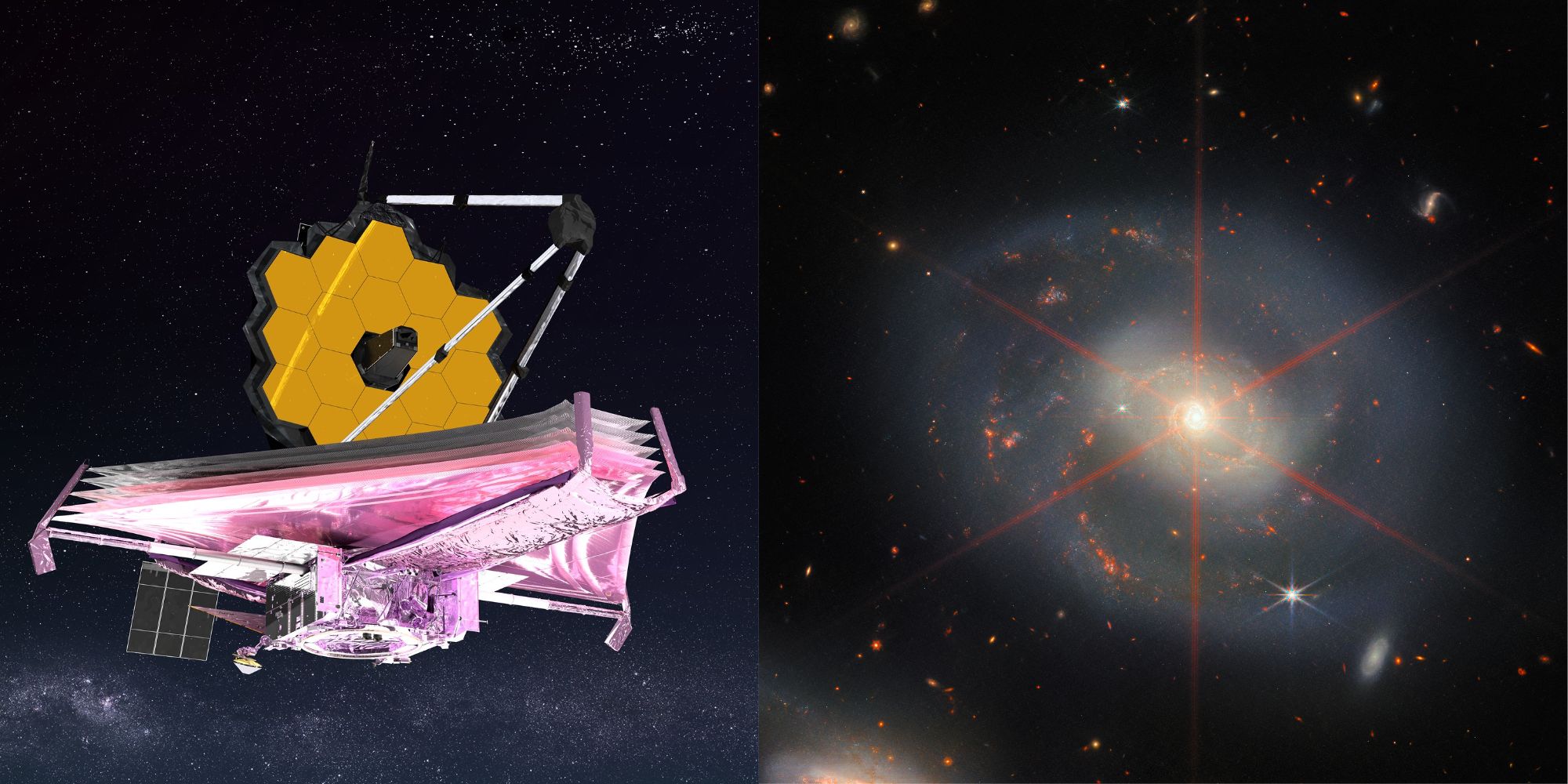 Een zij-aan-zij collage met een artist's impression van de James Webb Space Telescope (links) naast de Spiral Galaxy (rechts)