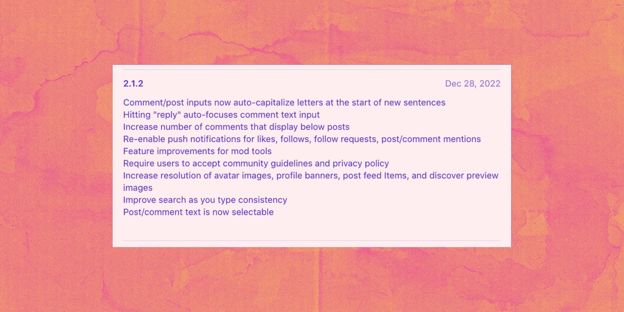As notas de lançamento da atualização do Hive Social são retratadas com texto roxo contra um fundo texturizado laranja e roxo
