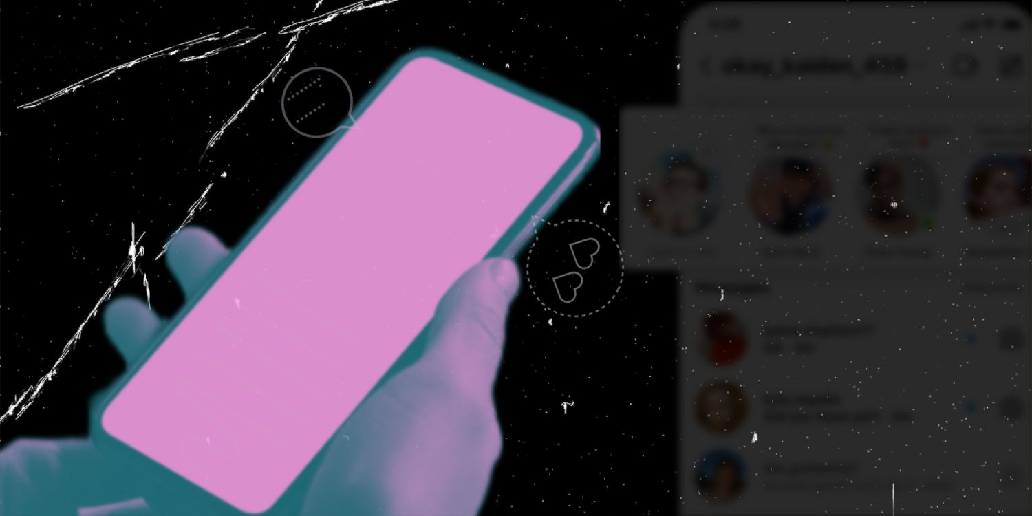 A graphic shows a smartphone in a person's hands with a pink and green tint, and the outline of message bubbles coming from it. On the right, a faded image of instagram DMs is also shown