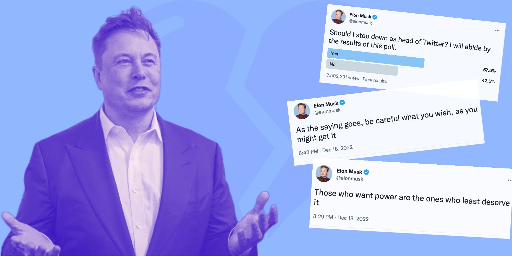 A photo of Elon Musk with his hands in front of him turned upward looking confused, with a blue tint, beside three screenshots of tweets. A broken heart emoji is shown faintly on the blue background