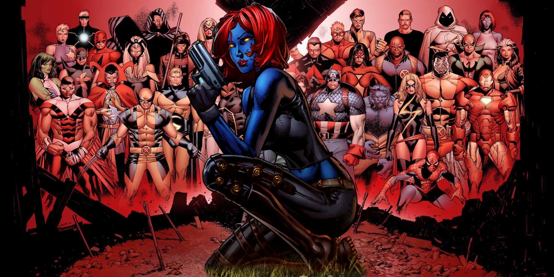 An image of Mystique against a House of M background