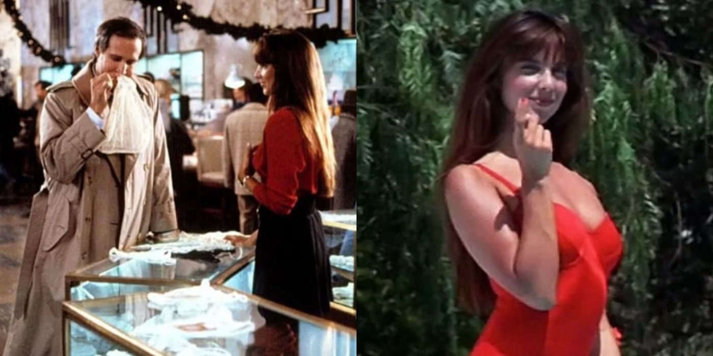 Split image of Clark talking to a saleswoman and woman by the pool in Christmas Vacation