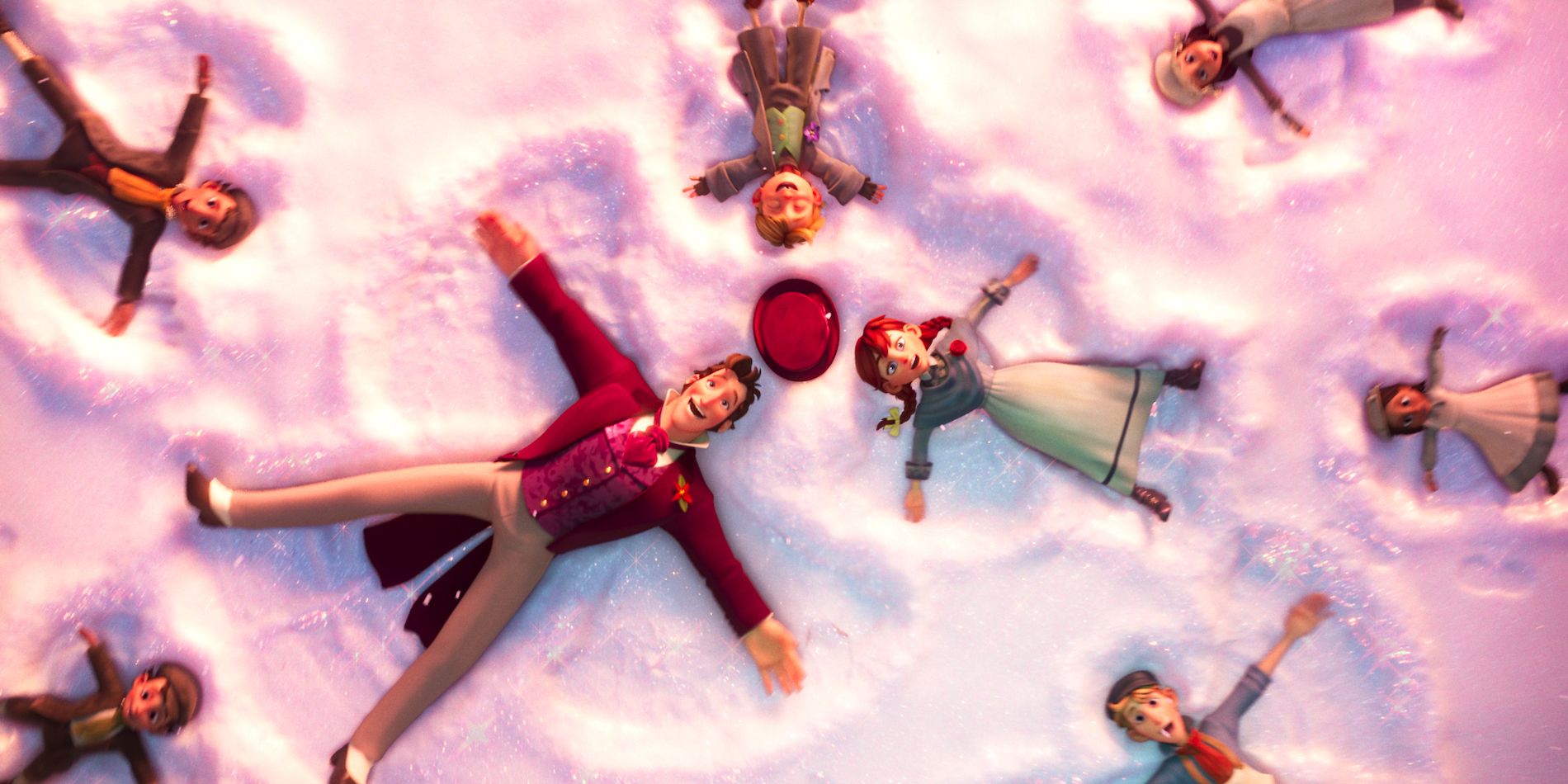 Scrooge making snow angels with kids in Scrooge A Christmas Carol