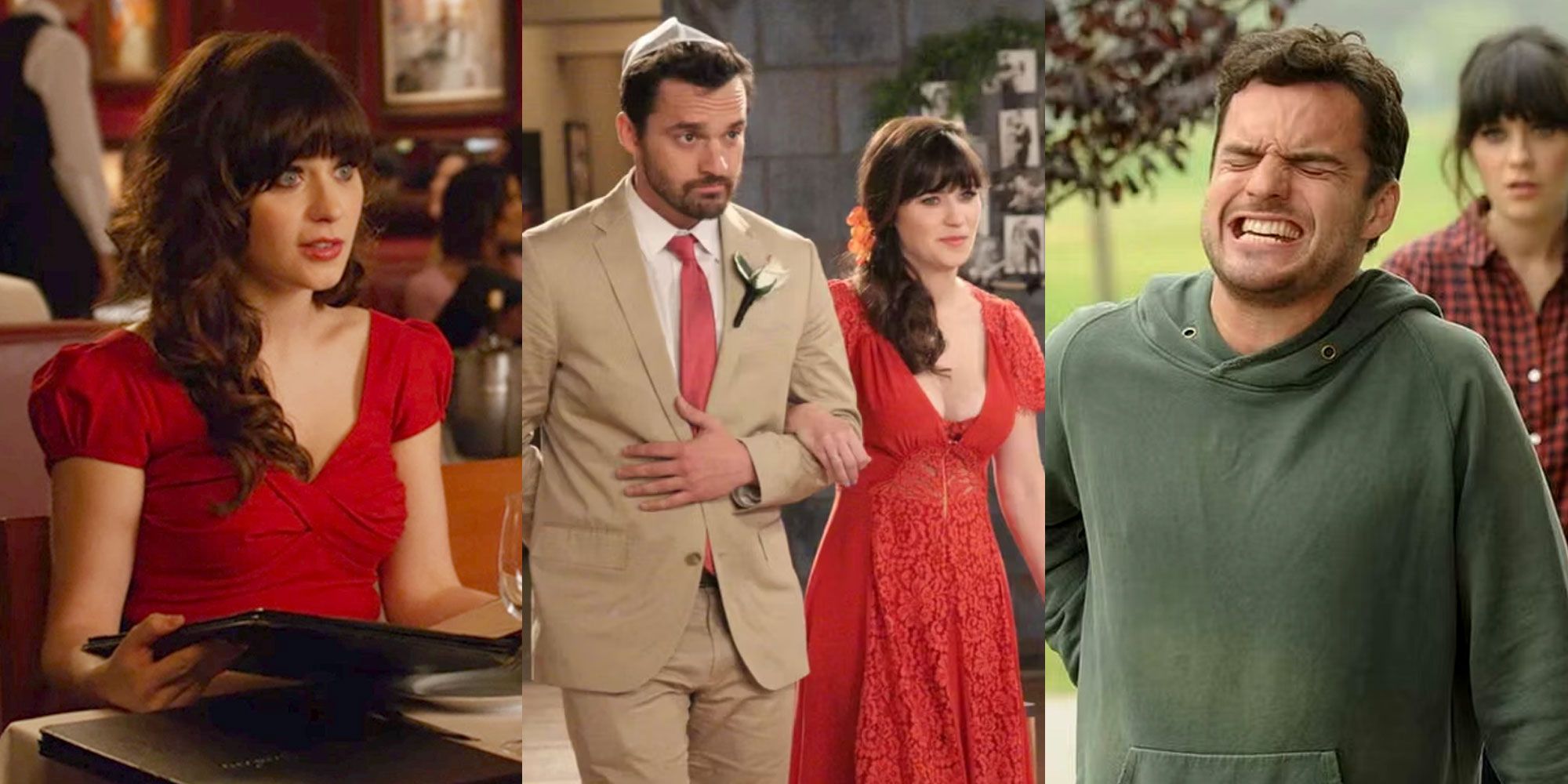 A split image features Jess and Nick in different New Girl episodes