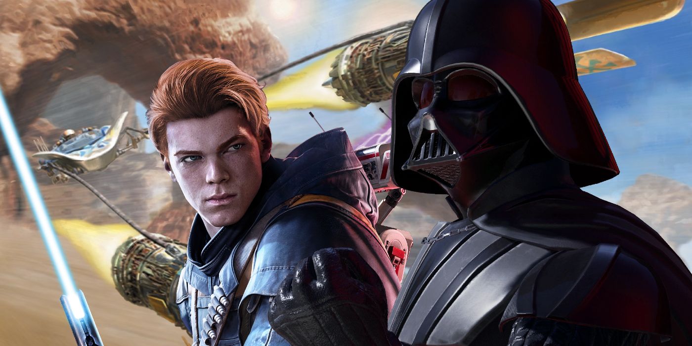 Cal Kestis and Darth Vader from Star Wars Jedi: Fallen Order pasted over a background from Star Wars: Episode I - Racer.