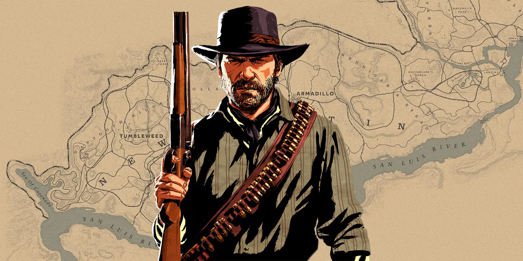 Red Dead Redemption 2's Arthur Morgan in front of New Austin's map.