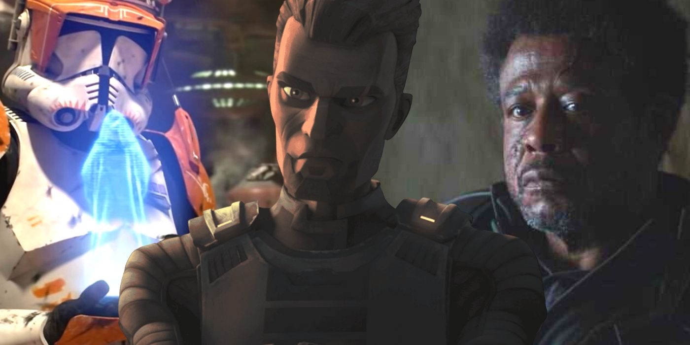 A still from Order 66, with Saw Gerrera in The Bad Batch and Forrest Whittaker as Saw Gerrera in Andor.