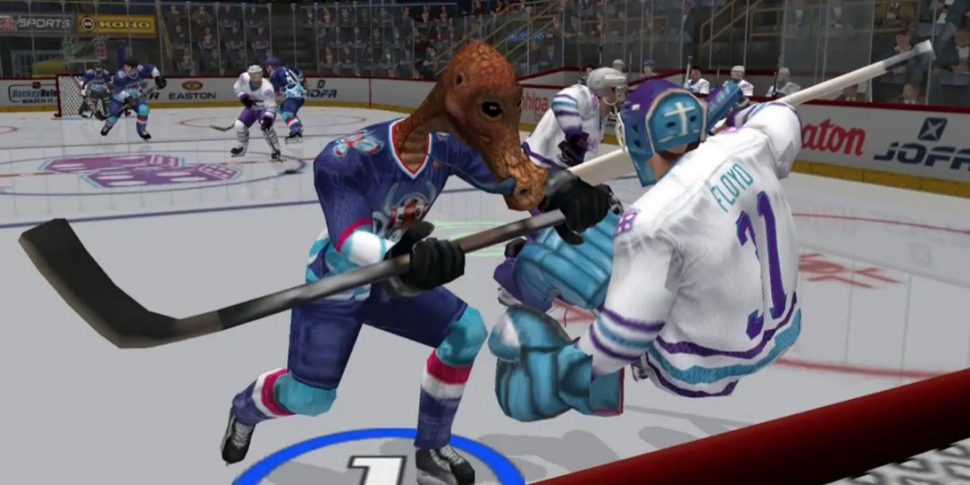 NHL Hitz gameplay with two player characters fighting on the ice.