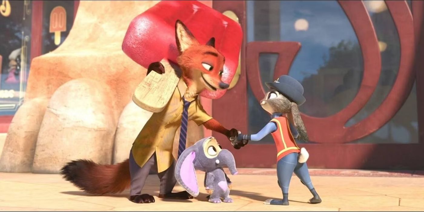 Nick Wilde conhece Judy Hopps em Zootopia.