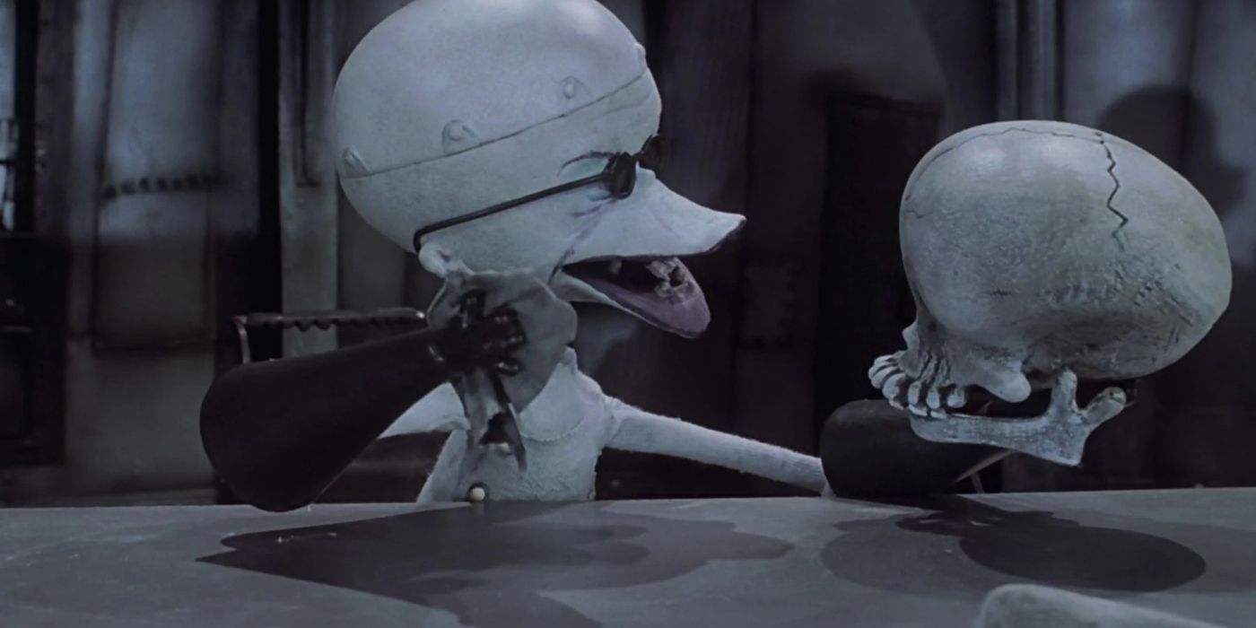Dr. Finkelstein looks at a skull in The Nightmare Before Christmas