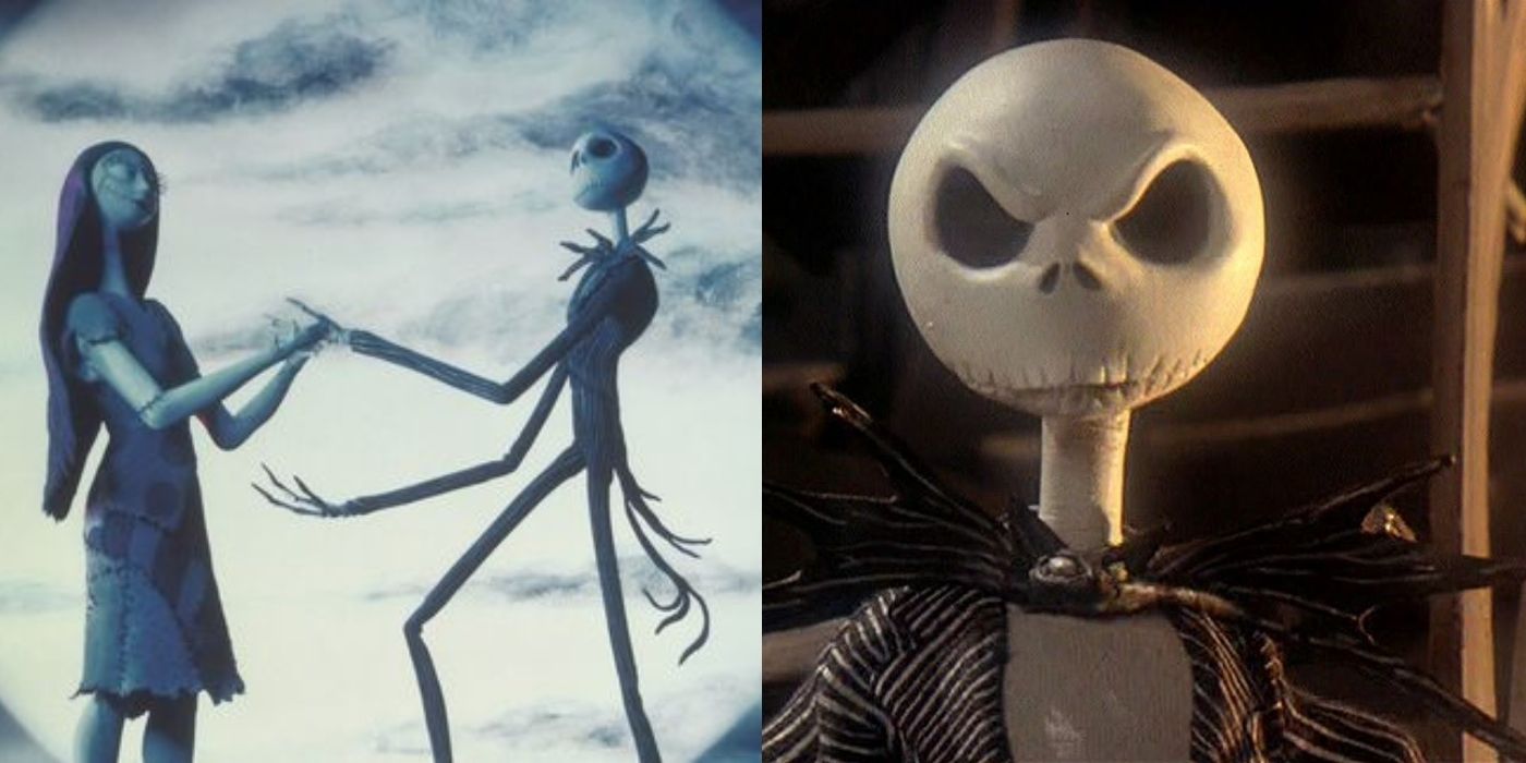 Split image of Sally and Jack Skellington in The Nightmare Before Christmas