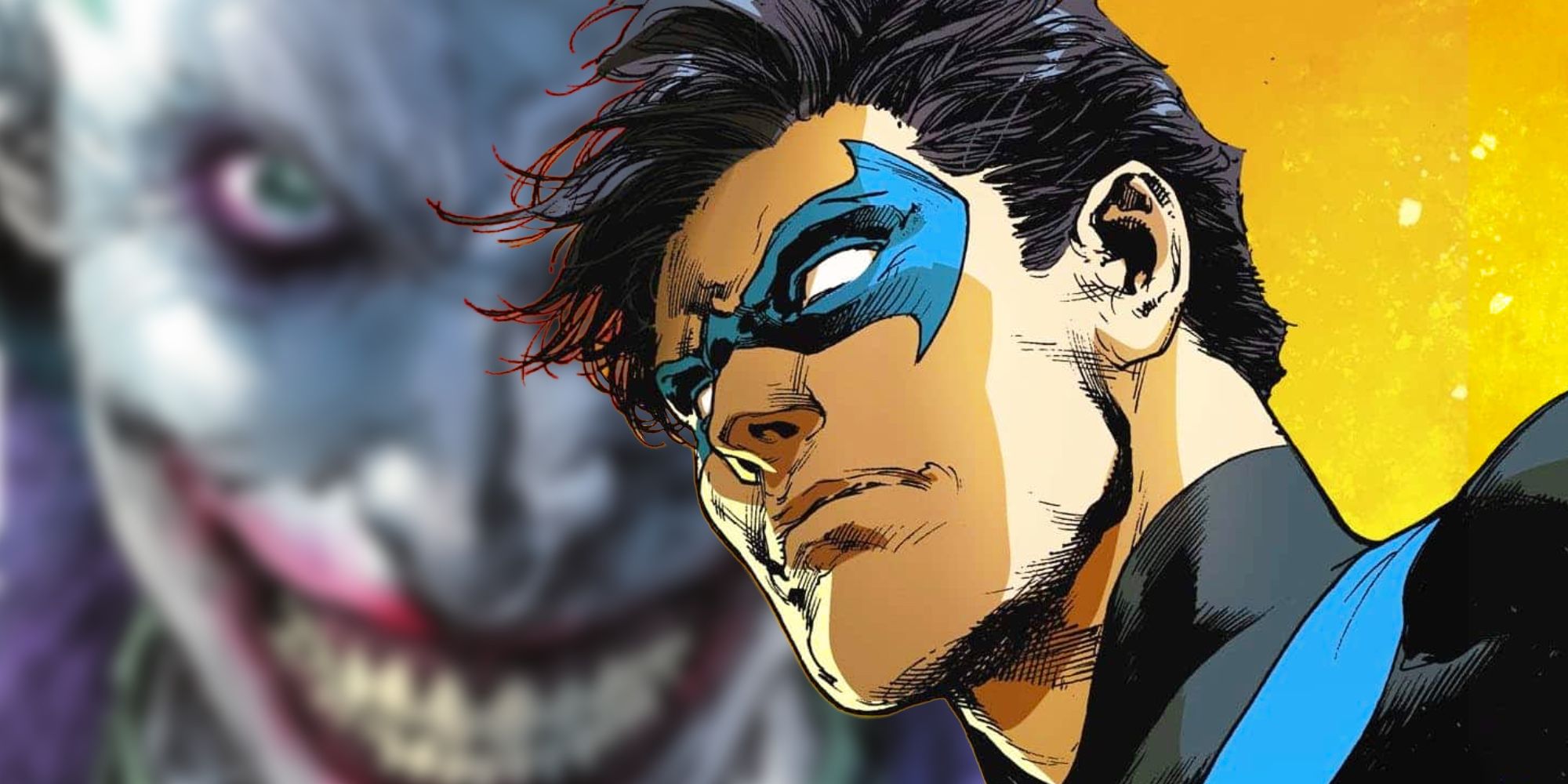 Comic book art: Nightwing looks serious over a blurred image of a grinning Joker.