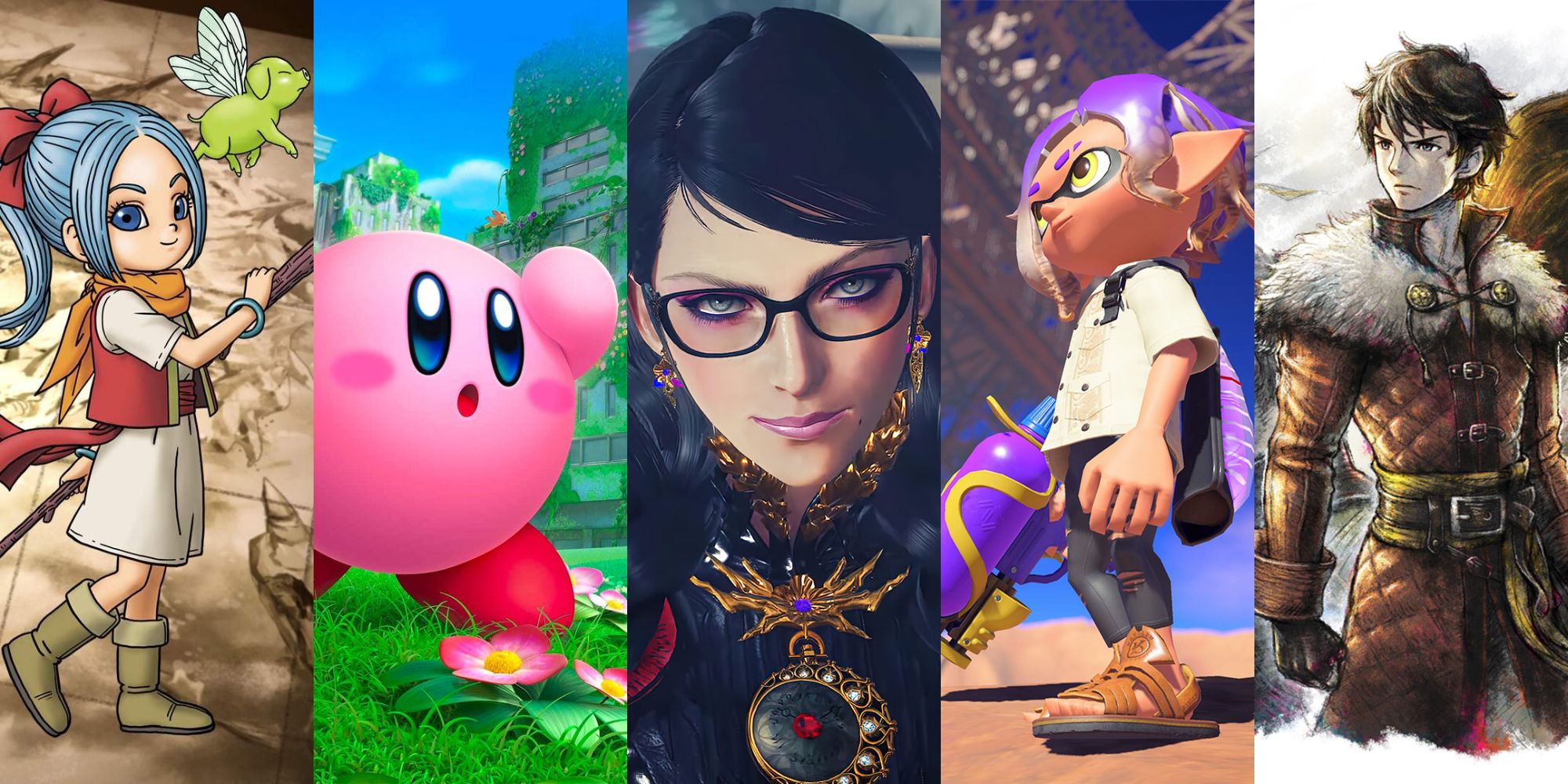 A vertically sliced image showing five characters from Nintendo Switch games released in 2022; from left to right - Mia from Dragon Quest Treasures, Kirby from Kirby and the Forgotten Land, Bayonetta 3's Bayonetta, an Inkling from Splatoon 3, and Triangle Strategy's Serenoa Wolffort.