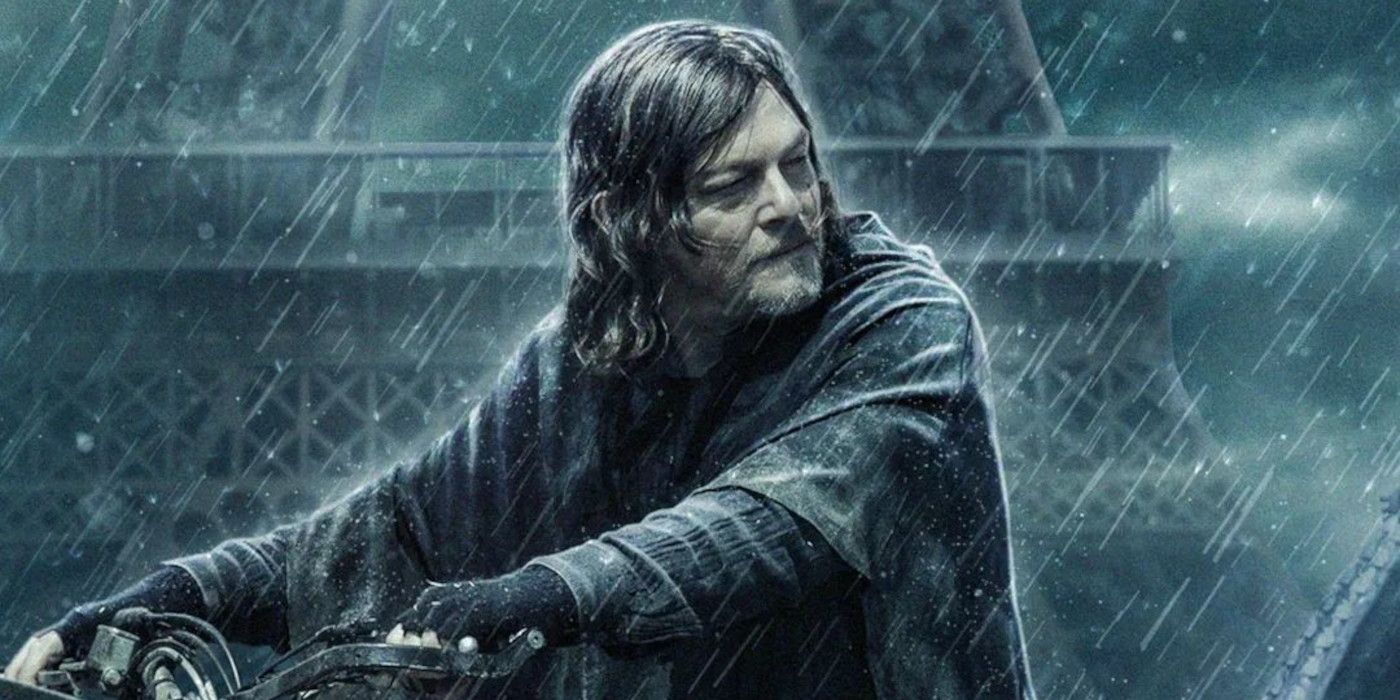 Norman Reedus As Daryl In The Walking Dead Spinoff Daryl Dixon riding his motorcycle in the rain against the backdrop of the Eiffel Tower