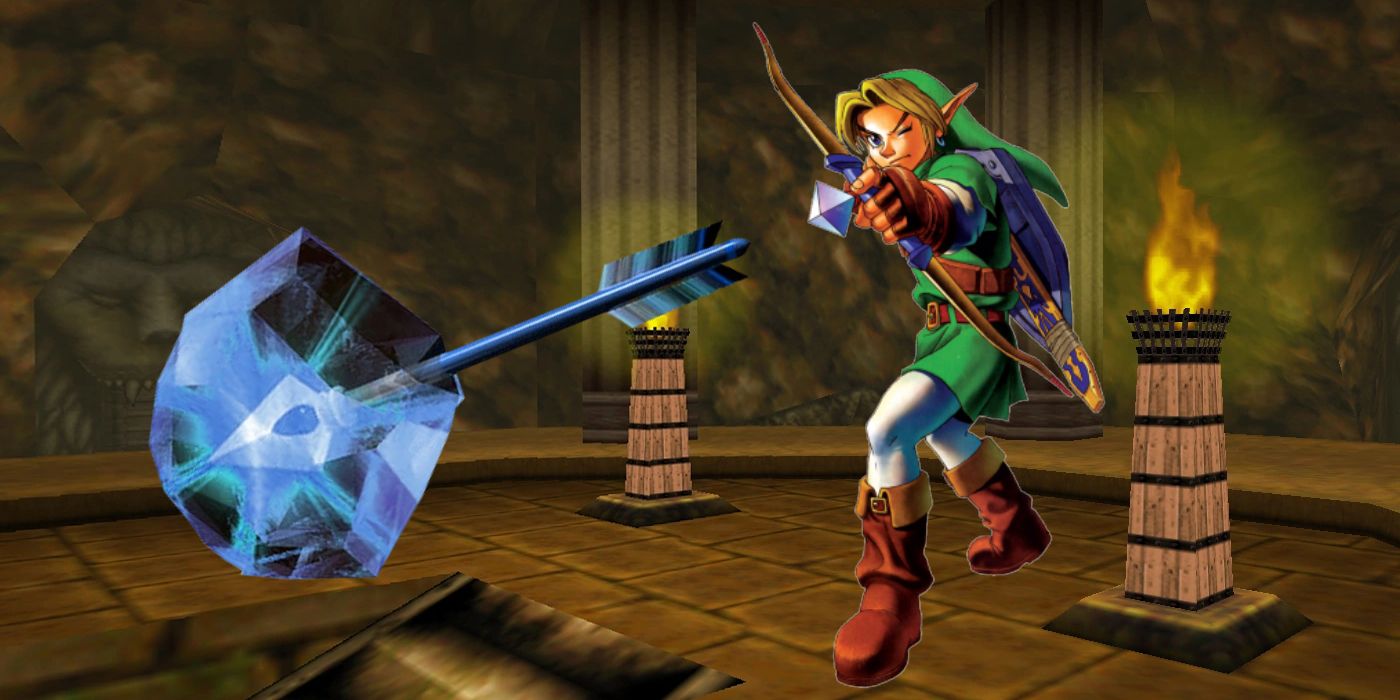 Image of Link shooting an ice arrow in front of the Gerudo Training Ground in Ocarina of Time.