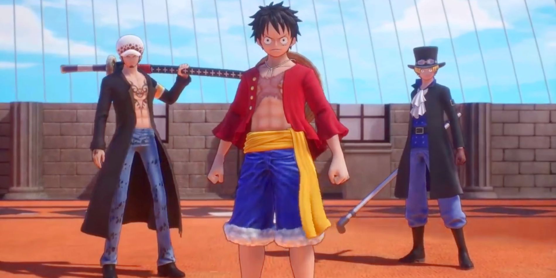 Luffy, Law, and Sabo are seen standing next to each other to challenge Doflamingo while the deadly birdcage wires close in on their location.