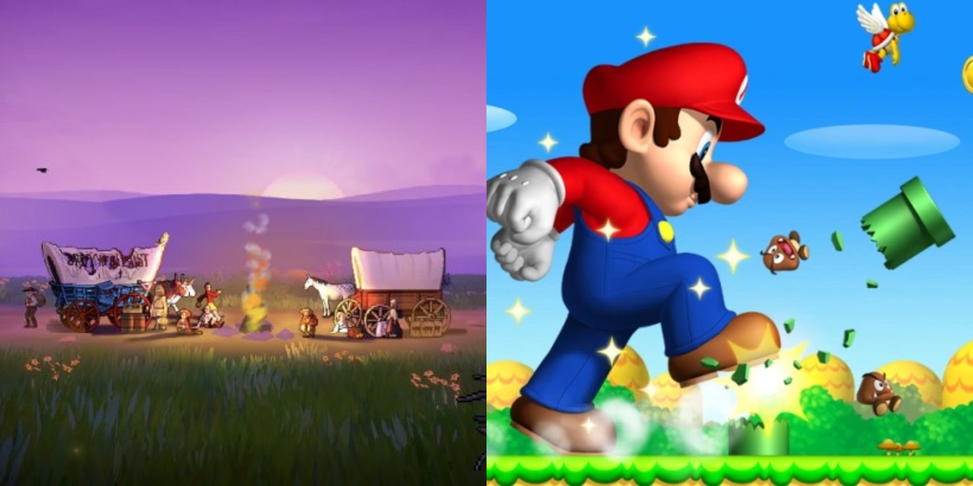 Promo images for The Oregan Trail and Super Mario