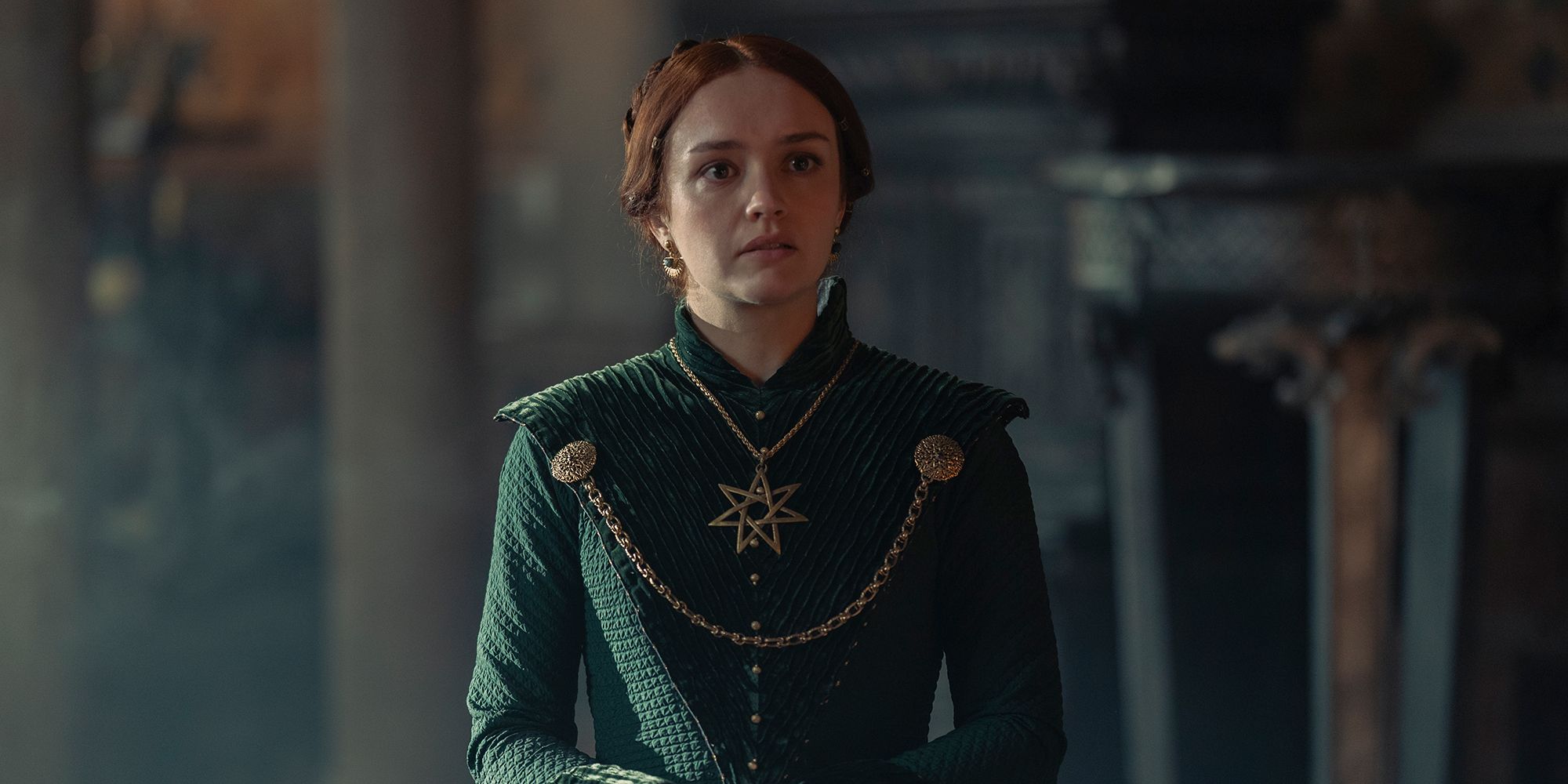 Olivia Cooke as Alicent Hightower looking upset in House of the Dragon