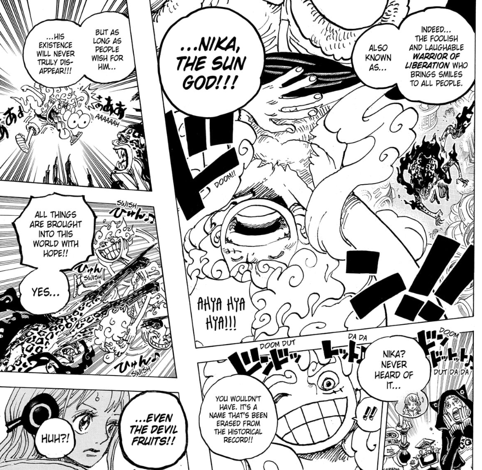 Luffy fights in his Gear Fifth form against Lucci in One Piece.