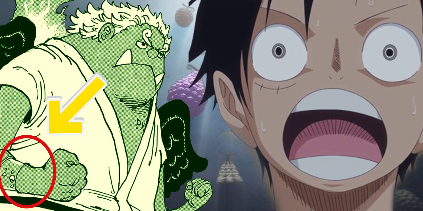 Luffy shocked and S-Shark Seraphim pacifista with Devil fruits in the background.