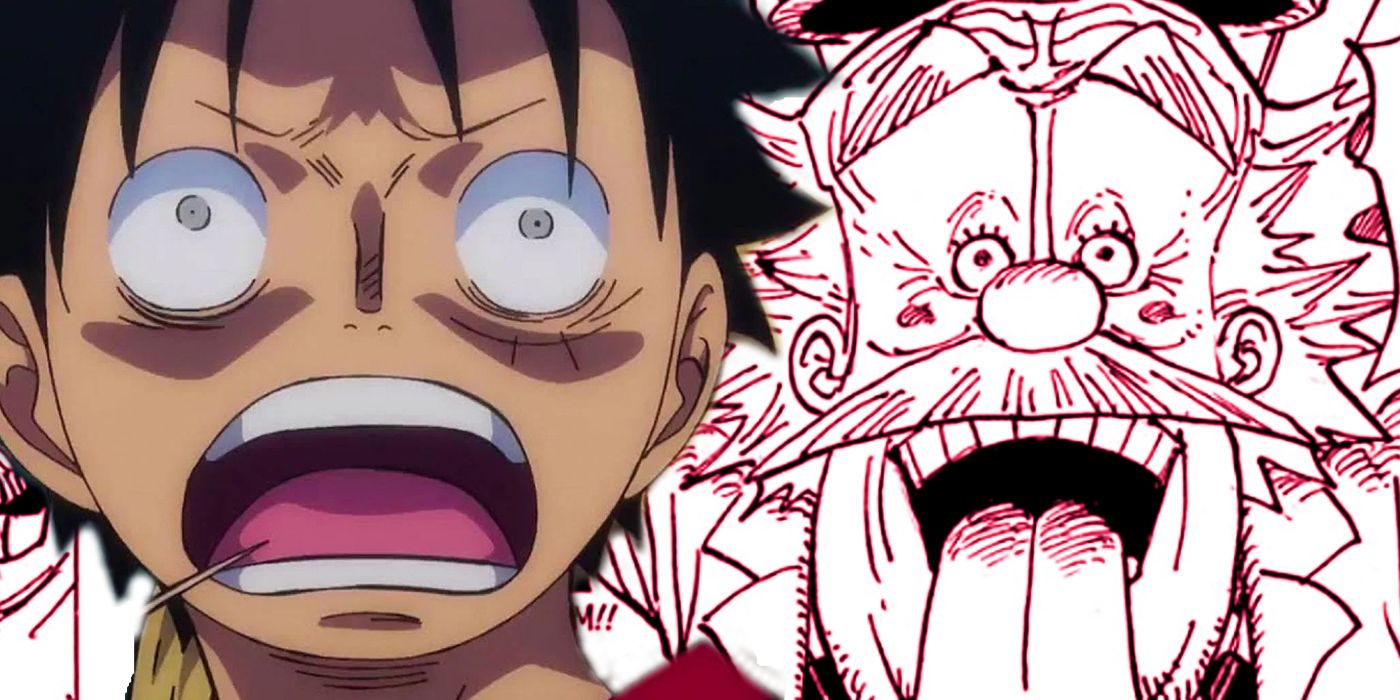 Luffy shocked in front of Dr. Vegapunk's face.