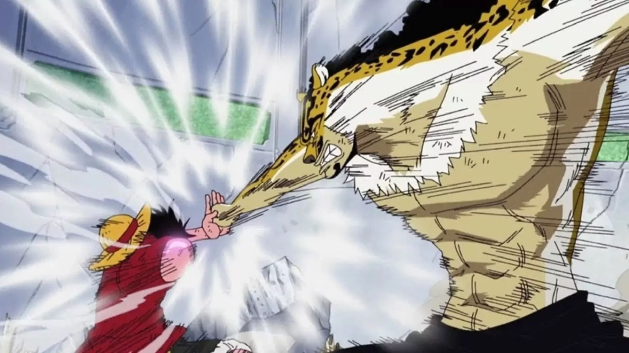 luffy blocking lucci's punch with his feast while in gear 2 in one pieec