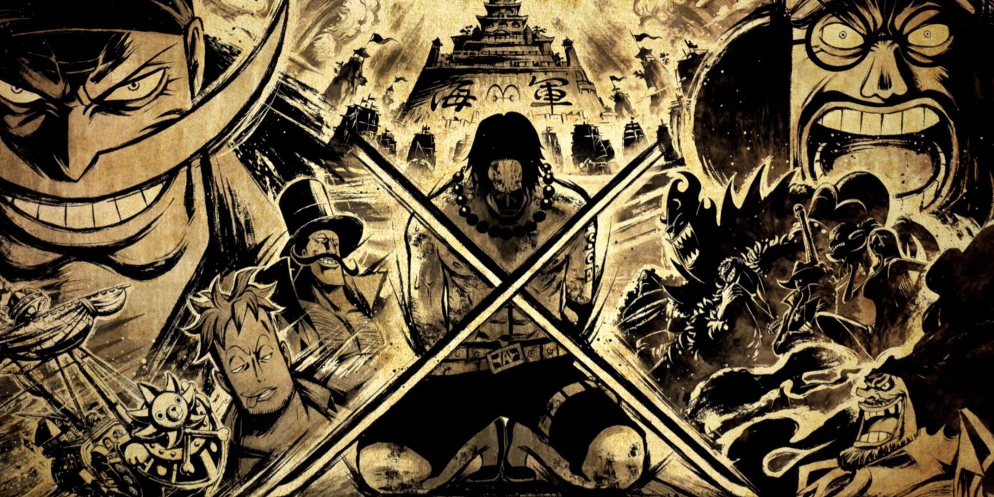 The image summarizes the One Piece Marineford arc with two sides pictures on opposite sides of each other, with Luffy's brother Ace sitting in the middle with two large swords crossing in front of him.