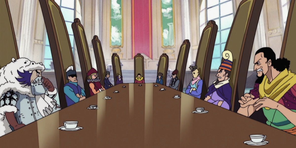 El comité de Nobles Mundiales sentados en una mesa larga en el arco de One Piece Reverie