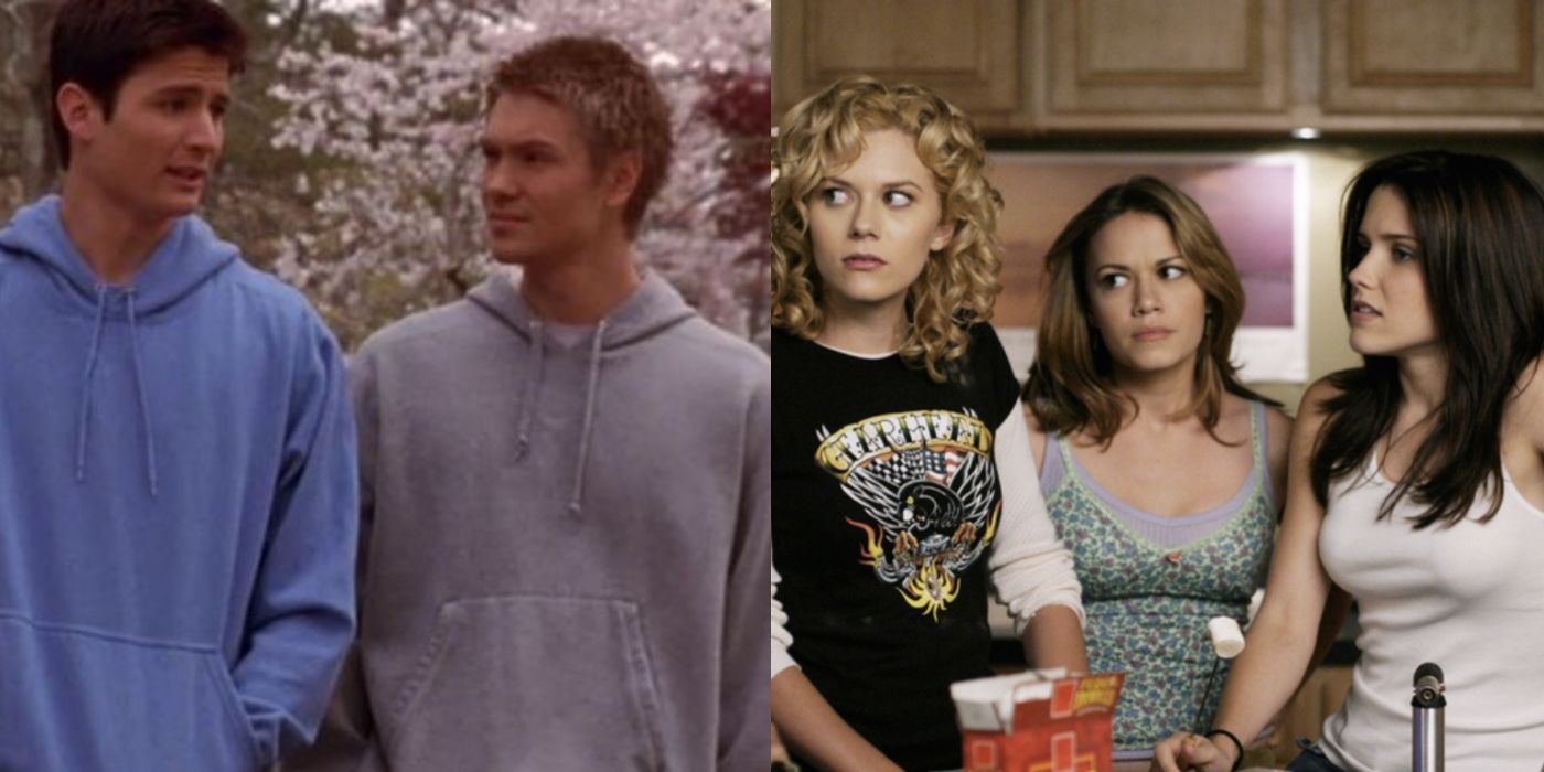 Split image of Nathan, Lucas, Peyton, Haley, and Brooke on One Tree Hill