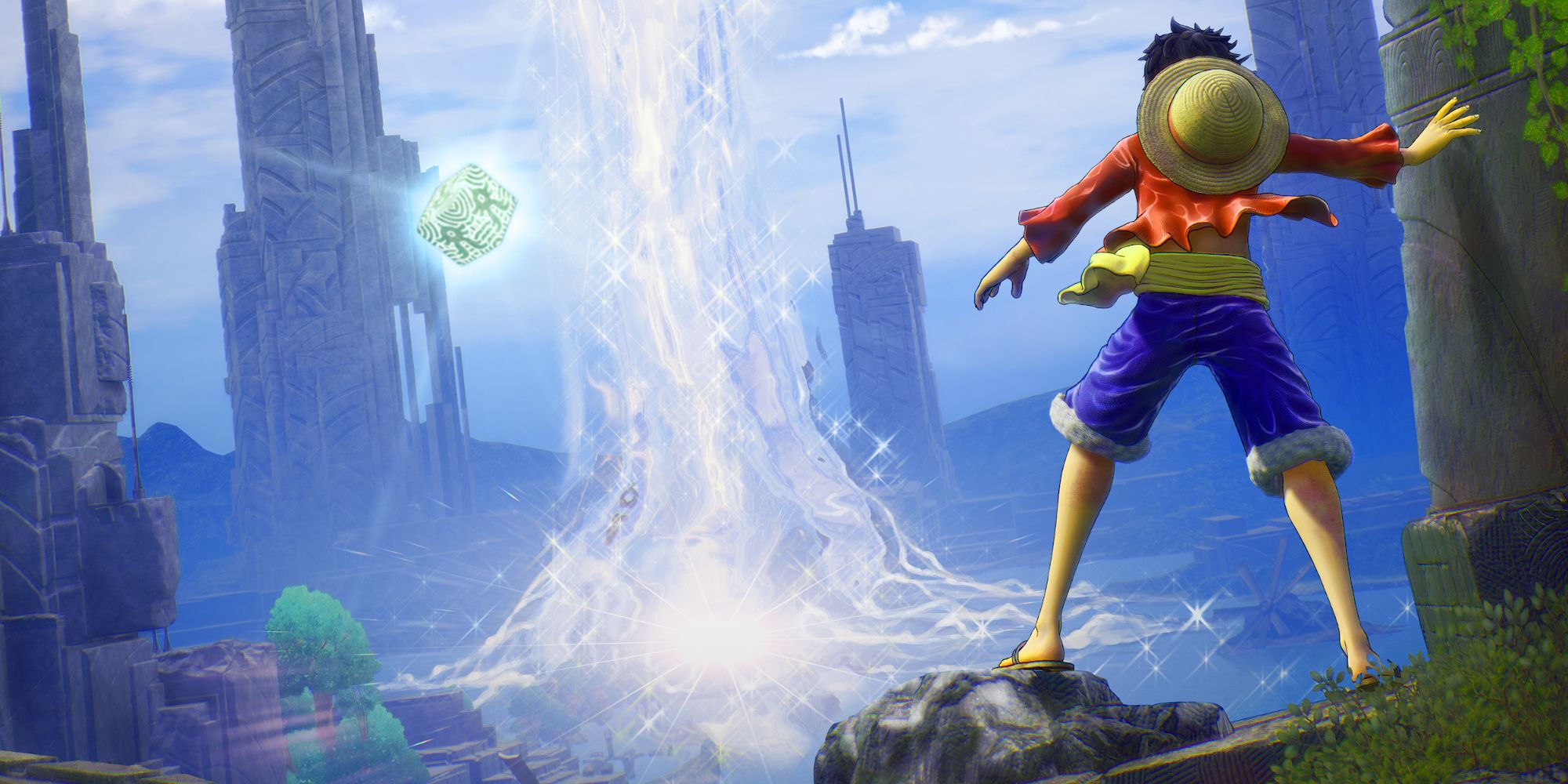 Luffy is standing on a cliff that's facing a mysterious glowing cube and a series of large stone structures formed around a sparkling blast of water shooting toward the sky.