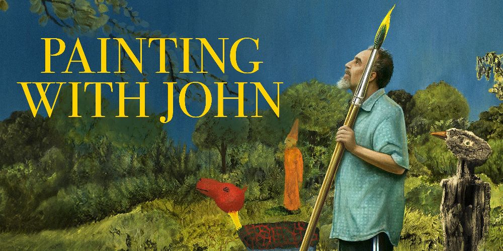 John segura um grande pincel no pôster de Painting With John