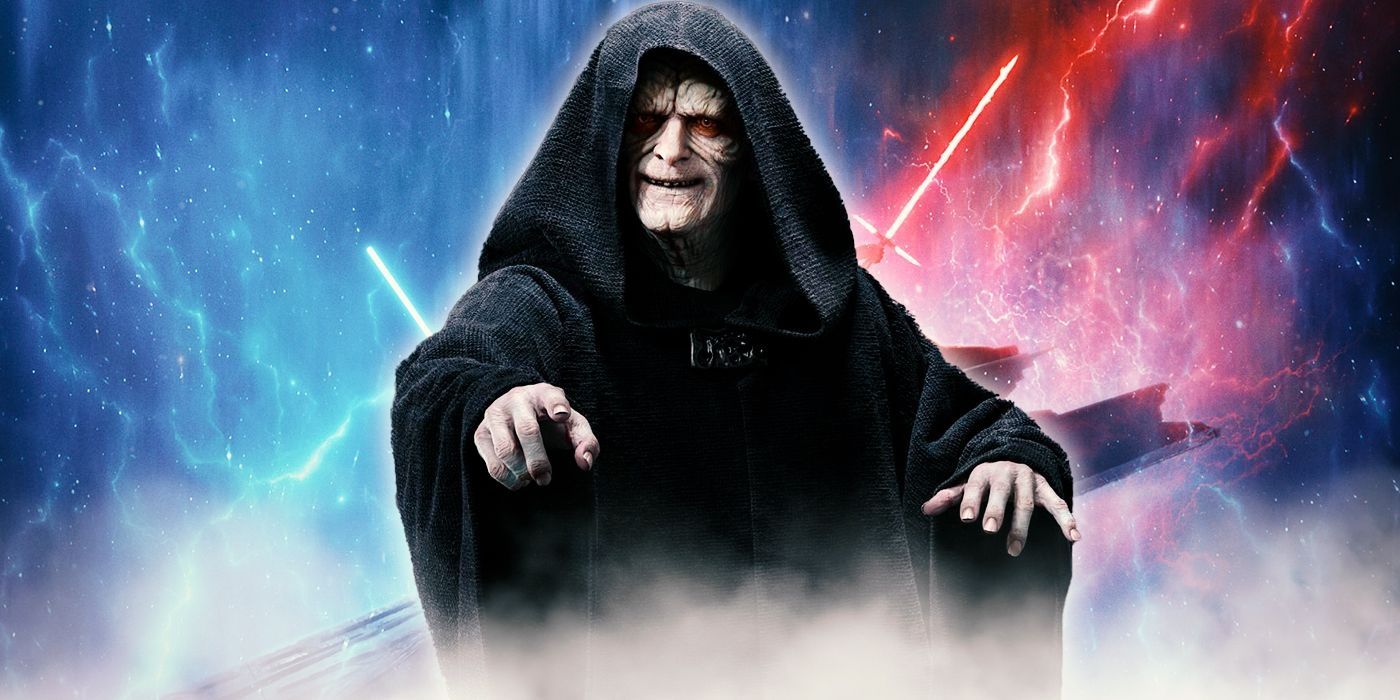 Emperor Palpatine in front of a lightsaber duel.