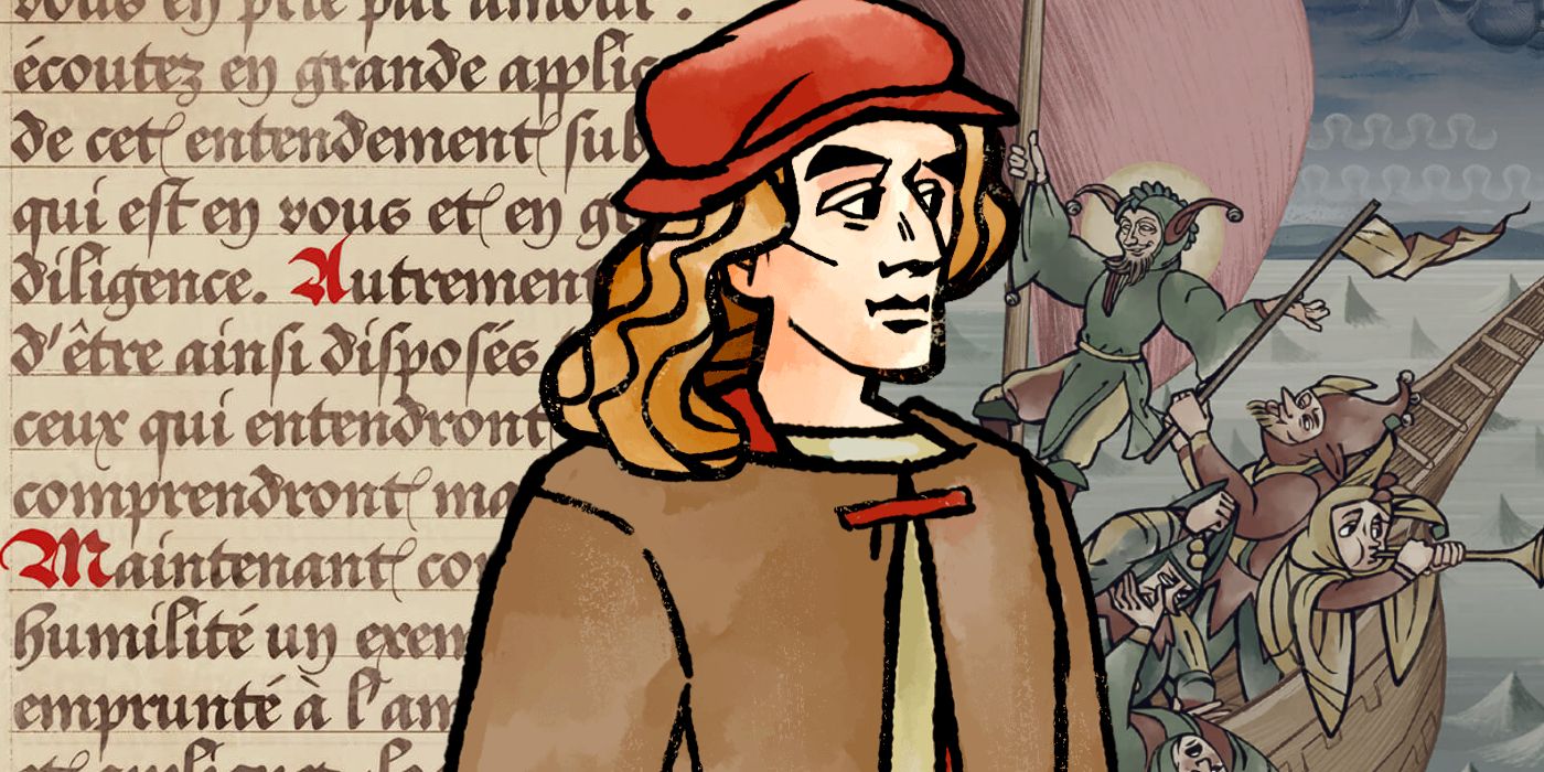 Pentiment's Andreas is situated in front of the 16th century script and art-style that characterizes the game's visuals.