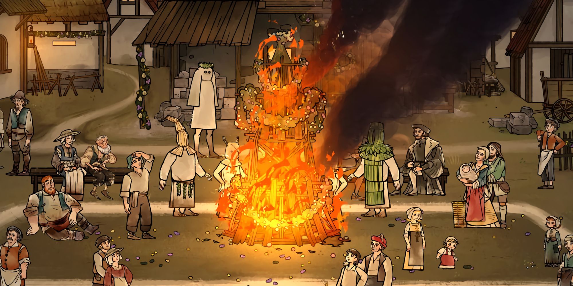 Uma pira queimando no meio da praça da cidade de Pentiment enquanto os aldeões se reúnem para assistir.