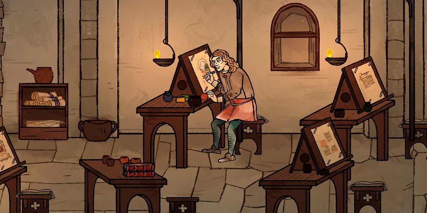 Image of Andreas Maler, the protagonist of Pentiment, working at his painting table.
