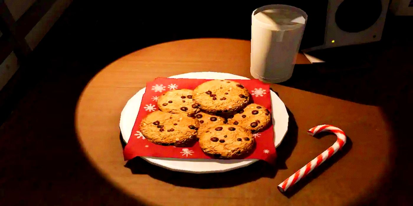 Cookies and Milk on a table with a candy cane next to it in Phasmophobia