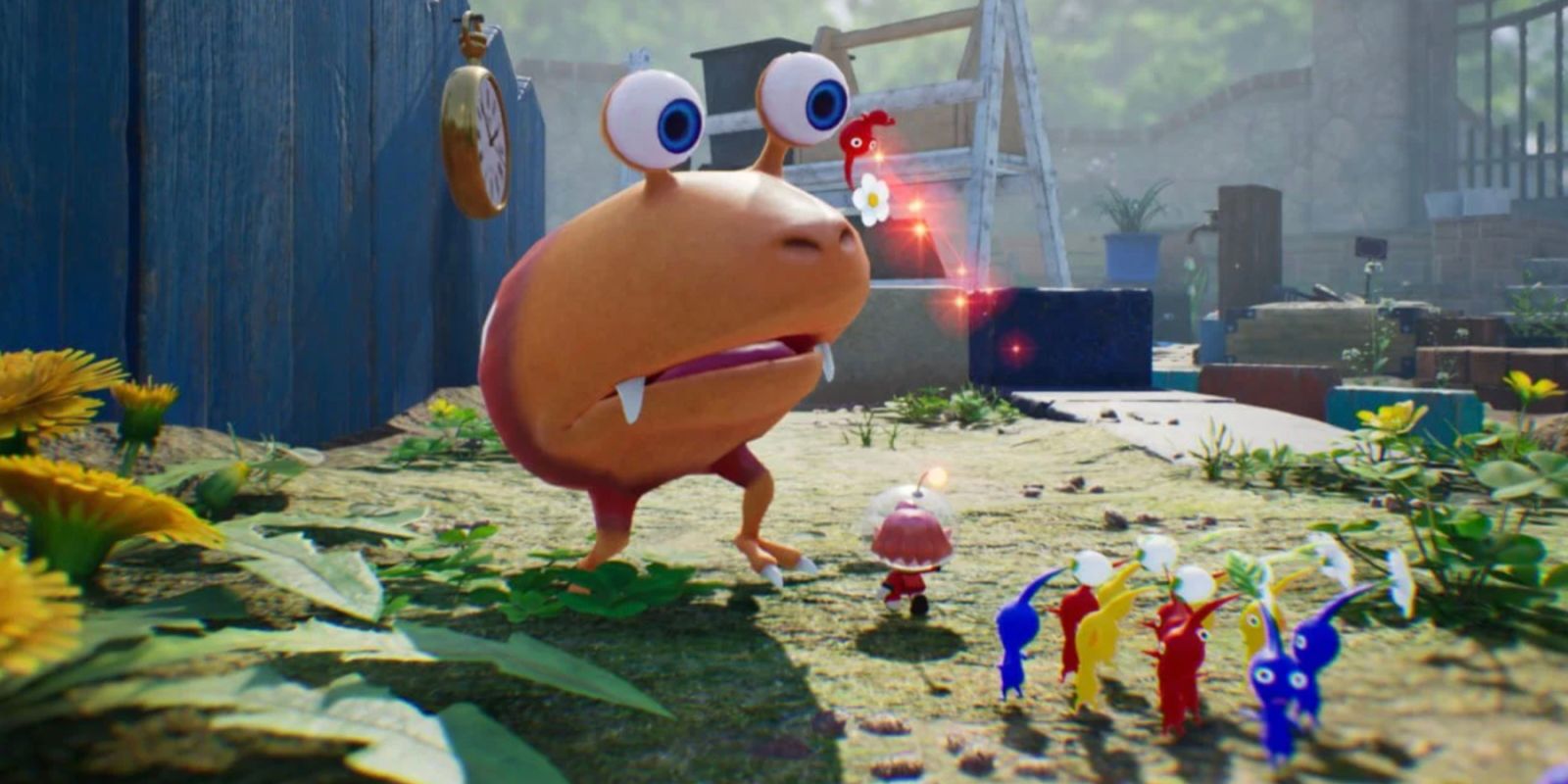 Pikmin 4 pikman gigante olha para os menores com cara preocupada