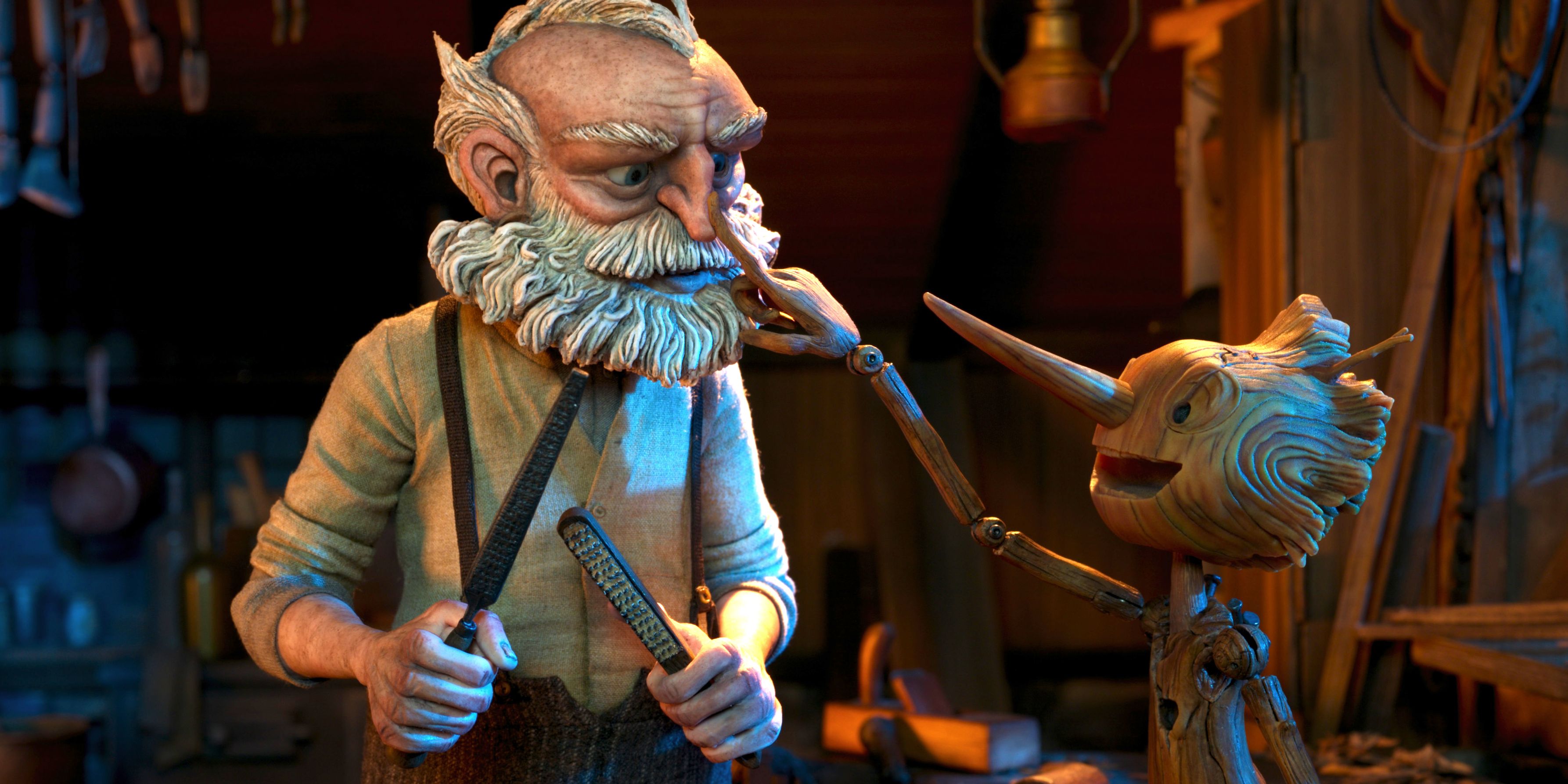 Pinocchio booping Geppetto's nose in Guillermo del Toros Pinocchio