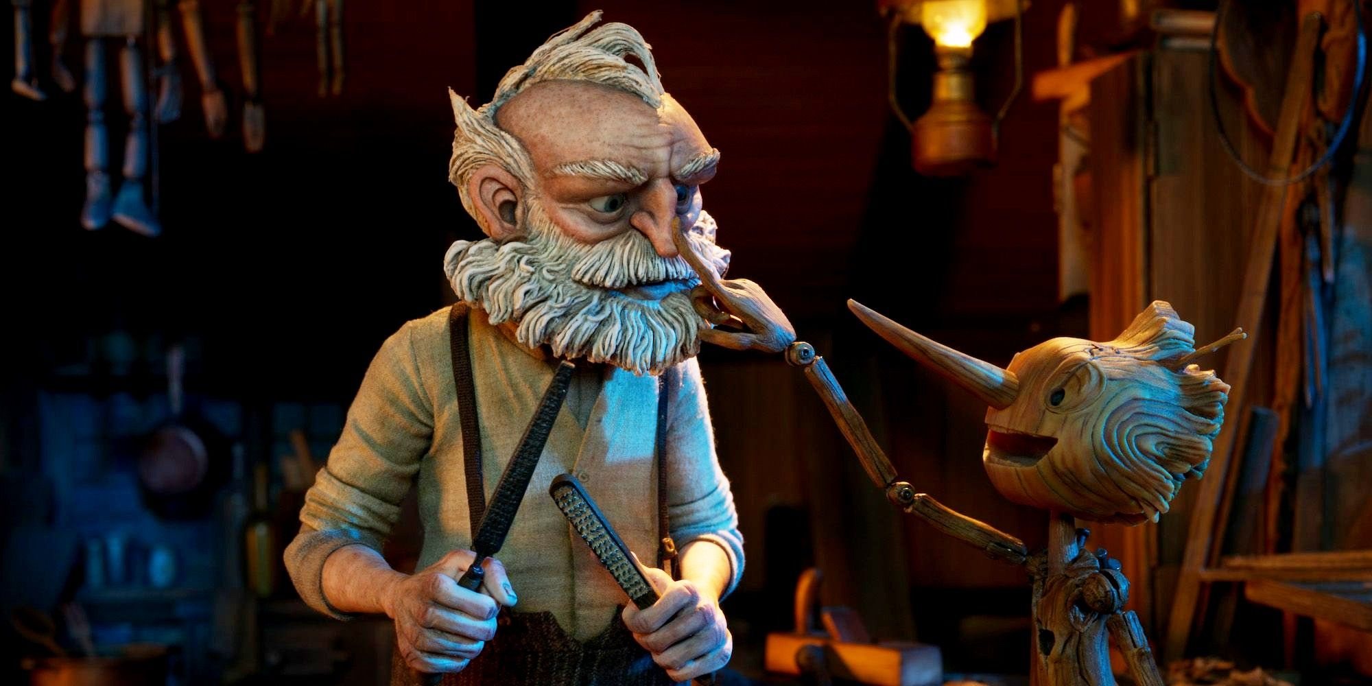 Pinocchio touching a man's nose in Netflix's Pinocchio