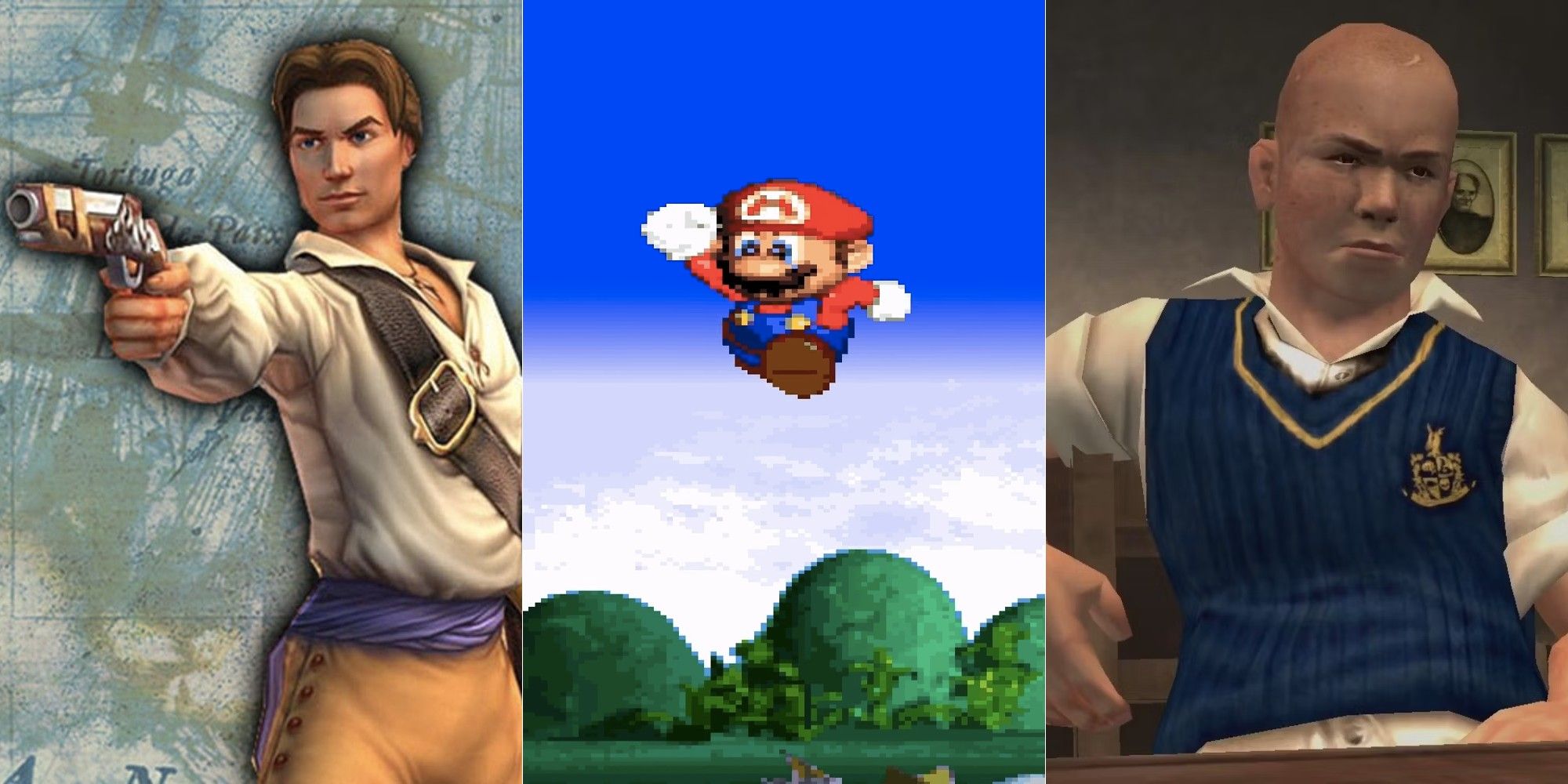 Sid Meier's Pirates protagonist with a gun, Super Mario RPG Mario jumping, and Bully protagonist Jimmy sitting looking disgruntled.